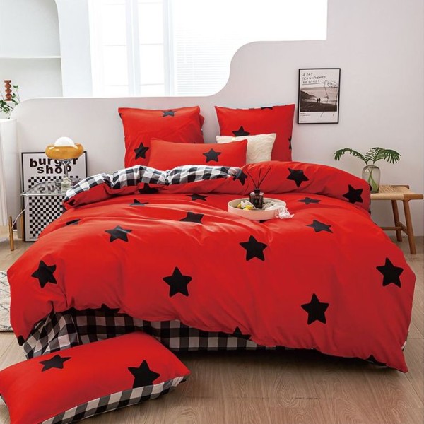 Lenjerie pat dublu (140x200cm, 160x200cm, 180x200cm), bumbac satinat, cearsaf clasic, 4 piese,  Rosu, stelute [1]
