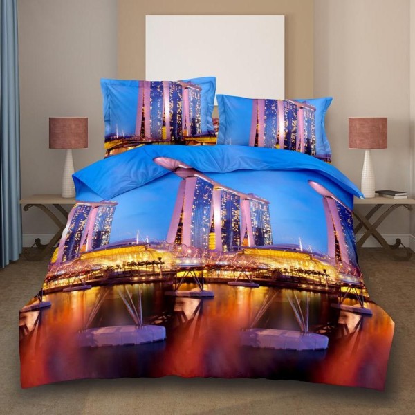 Lenjerie pat dublu (140x200cm, 160x200cm, 180x200cm), cearsaf clasic, imprimeu 3D, Albastru, oras [1]