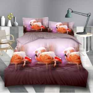 Lenjerie pat dublu, cearsaf clasic, imprimeu 3D, Somon, flamingo
