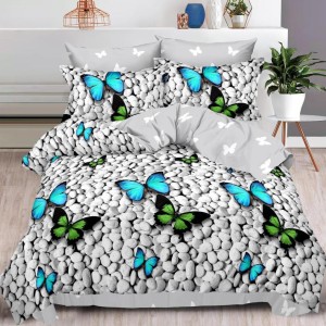 Lenjerie pat dublu (140x200cm, 160x200cm, 180x200cm),  FINET, 6 piese, Gri, fluturi, pietre