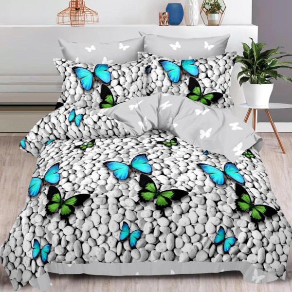 Lenjerie pat dublu (140x200cm, 160x200cm, 180x200cm),  FINET, 6 piese, Gri, fluturi, pietre [1]