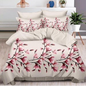 Lenjerie pat dublu, Finet, 6 piese, Bej-Roz, magnolii Lenjerie pat dublu, Finet, 6 piese, Bej-Roz, magnolii