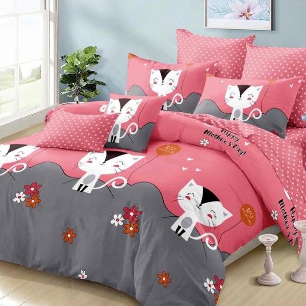 Lenjerie pat dublu (140x200cm, 160x200cm, 180x200cm),  FINET, 6 piese, Gri-Roz, pisici, flori [1]