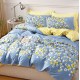 Lenjerie pat dublu cu doua feţe, 4 piese, Bumbac Satinat Superior, Albastru, floricele
