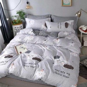 Lenjerie pat dublu (140x200cm, 160x200cm, 180x200cm), bumbac satinat, cearsaf clasic, 4 piese,  Gri, stelute Lenjerie pat dublu (140x200cm, 160x200cm, 180x200cm), bumbac satinat, cearsaf clasic, 4 piese,  Gri, stelute