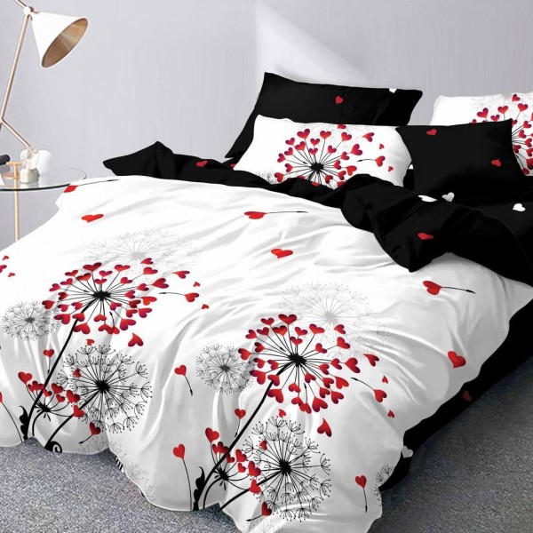 Lenjerie pat dublu (140x200cm, 160x200cm, 180x200cm),  FINET, 6 piese, Alb-Rosu, papadii, inimioare [1]