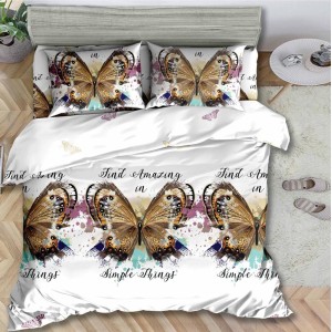 Lenjerie pat dublu, cearsaf clasic, imprimeu 3D, Auriu, fluturi