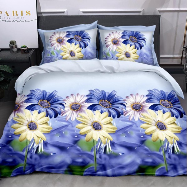 Lenjerie pat dublu (140x200cm, 160x200cm, 180x200cm), cearsaf clasic, imprimeu 3D, Albastru, flori [1]