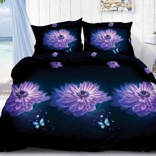 Lenjerie pat dublu (140x200cm, 160x200cm, 180x200cm), cearsaf clasic, imprimeu 3D, Mov, flori [1]