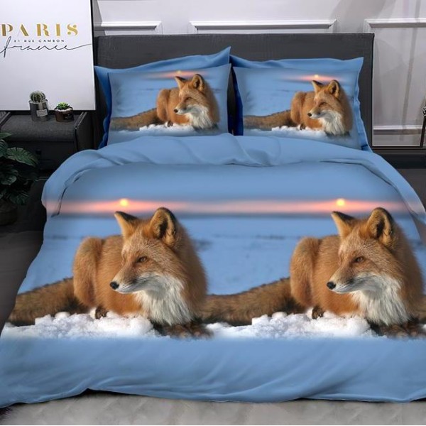 Lenjerie pat dublu (140x200cm, 160x200cm, 180x200cm), cearsaf clasic, imprimeu 3D, Bleu, vulpi [1]