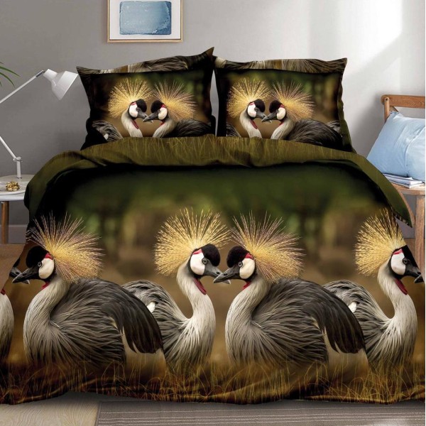 Lenjerie pat dublu (140x200cm, 160x200cm, 180x200cm), cearsaf clasic, imprimeu 3D, Gri, pasari [1]