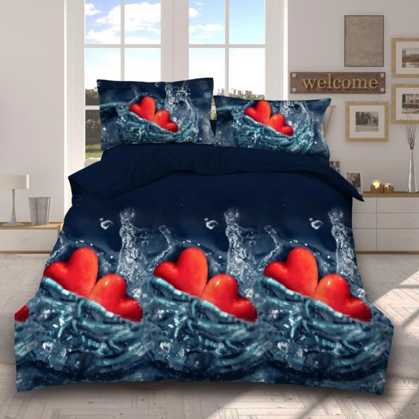 Lenjerie pat dublu (140x200cm, 160x200cm, 180x200cm), cearsaf clasic, imprimeu 3D, Albastru, inimioare [1]
