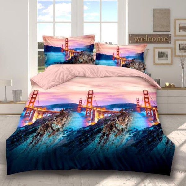Lenjerie pat dublu (140x200cm, 160x200cm, 180x200cm), cearsaf clasic, imprimeu 3D, Albastru, pod [1]