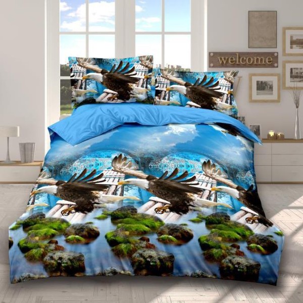 Lenjerie pat dublu (140x200cm, 160x200cm, 180x200cm), cearsaf clasic, imprimeu 3D, Albastru, vulturi [1]