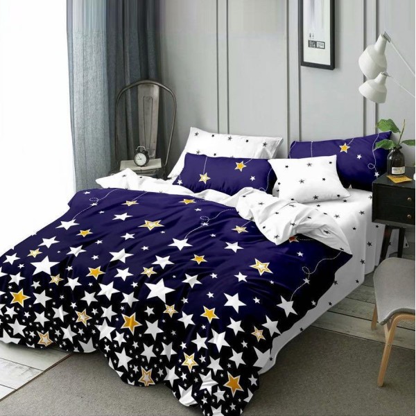 Lenjerie pat dublu (140x200cm, 160x200cm, 180x200cm), bumbac satinat, cearsaf clasic, 4 piese,  Bleumarin, stelute [1]