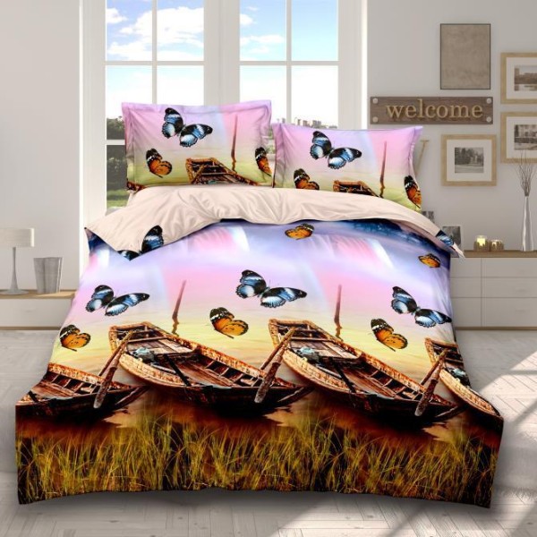 Lenjerie pat dublu (140x200cm, 160x200cm, 180x200cm), cearsaf clasic, imprimeu 3D, Maro, barci, fluturi [1]