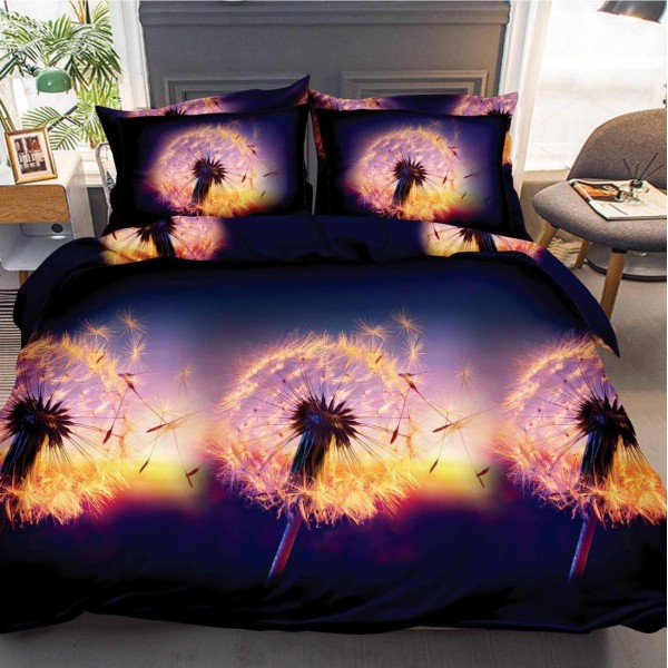 Lenjerie pat dublu (140x200cm, 160x200cm, 180x200cm), cearsaf clasic, imprimeu 3D, Mov, papadii [1]