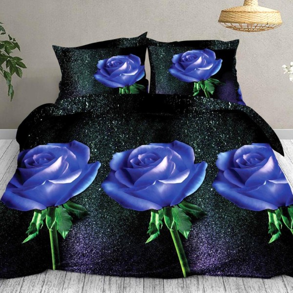 Lenjerie pat dublu (140x200cm, 160x200cm, 180x200cm), cearsaf clasic, imprimeu 3D, Albastru, trandafiri [1]