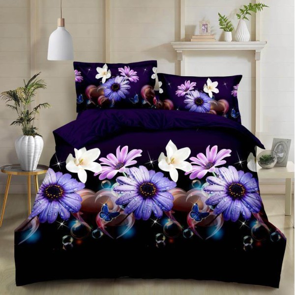 Lenjerie pat dublu (140x200cm, 160x200cm, 180x200cm), cearsaf clasic, imprimeu 3D, Mov, flori [1]