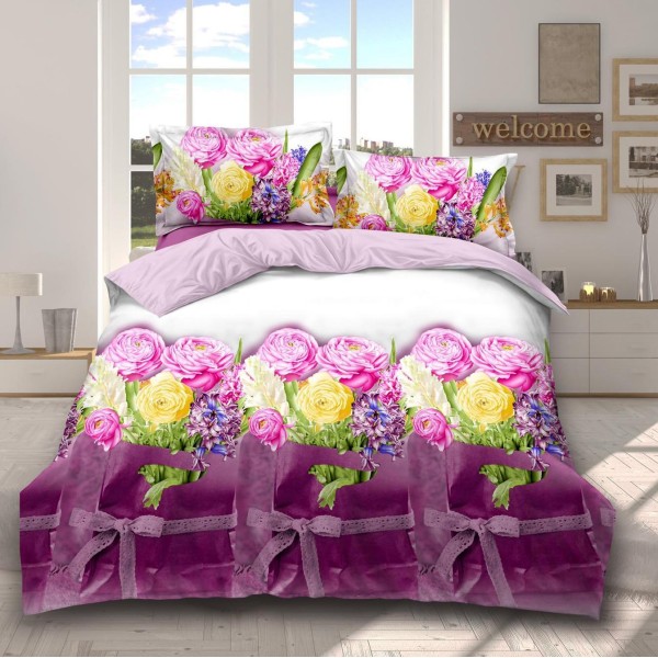 Lenjerie pat dublu (140x200cm, 160x200cm, 180x200cm), cearsaf clasic, imprimeu 3D, Mov, flori [1]