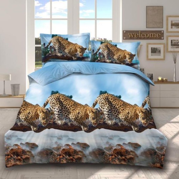 Lenjerie pat dublu (140x200cm, 160x200cm, 180x200cm), cearsaf clasic, imprimeu 3D, Bleu, leoparzi [1]