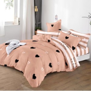 Lenjerie pat dublu (160x200cm, 180x200cm),  FINET, 6 piese, cu ELASTIC, Maro, inimioare