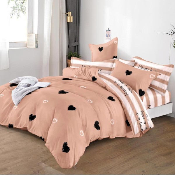Lenjerie pat dublu (160x200cm, 180x200cm),  FINET, 6 piese, cu ELASTIC, Maro, inimioare [1]