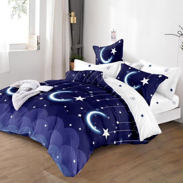 Lenjerie pat dublu (160x200cm, 180x200cm),  FINET, 6 piese, cu ELASTIC, Bleumarin, stelute [1]