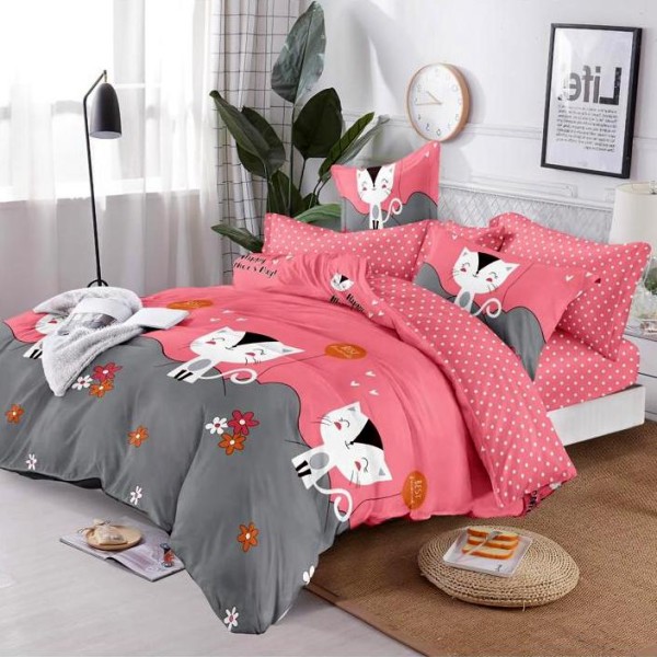 Lenjerie pat dublu (160x200cm, 180x200cm),  FINET, 6 piese, cu ELASTIC, Roz, pisici [1]