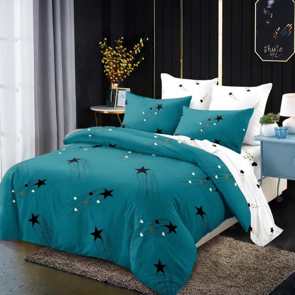 Lenjerie pat dublu (160x200cm, 180x200cm),  FINET, 6 piese, cu ELASTIC, Turquoise, stelute [1]