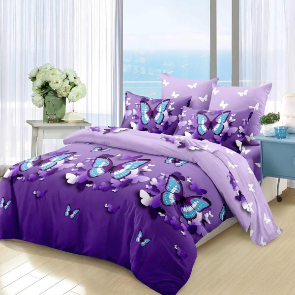 Lenjerie pat dublu (160x200cm, 180x200cm),  FINET, 6 piese, cu ELASTIC, Mov, fluturi [1]