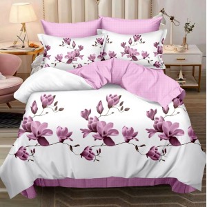 Lenjerie pat dublu cu ELASTIC, Finet, 6 piese, Roz, magnolii