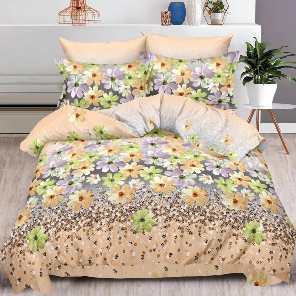 Lenjerie pat dublu (160x200cm, 180x200cm),  FINET, 6 piese, cu ELASTIC, Bej, flori [1]