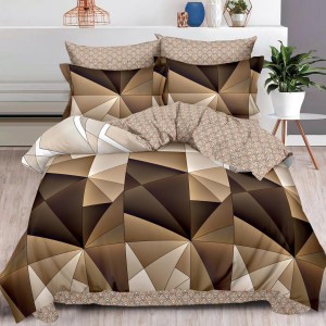 Lenjerie pat dublu (160x200cm, 180x200cm),  FINET, 6 piese, cu ELASTIC, Maro, forme geometrice