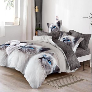 Lenjerie pat dublu (160x200cm, 180x200cm),  FINET, 6 piese, cu ELASTIC, Gri, pisici