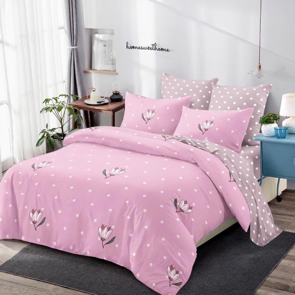 Lenjerie pat dublu (160x200cm, 180x200cm),  FINET, 6 piese, cu ELASTIC, Roz, flori, buline [1]