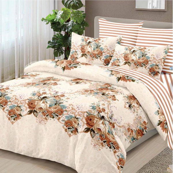 Lenjerie pat dublu (140x200cm, 160x200cm, 180x200cm),  FINET, 6 piese, Bej, flori [1]