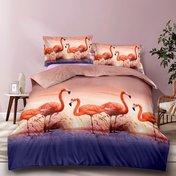 Lenjerie pat dublu (140x200cm, 160x200cm, 180x200cm), cearsaf clasic, imprimeu 3D, Portocaliu, flamingo [1]