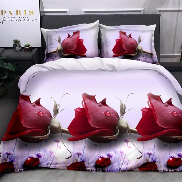 Lenjerie pat dublu (140x200cm, 160x200cm, 180x200cm), cearsaf clasic, imprimeu 3D, Rosu, trandafiri [1]