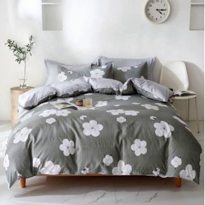 Lenjerie pat dublu (140x200cm, 160x200cm, 180x200cm), bumbac satinat, cearsaf clasic, 4 piese,  Gri, flori Lenjerie pat dublu (140x200cm, 160x200cm, 180x200cm), bumbac satinat, cearsaf clasic, 4 piese,  Gri, flori