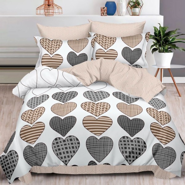 Lenjerie pat dublu (160x200cm, 180x200cm),  FINET, 6 piese, cu ELASTIC, Bej, inimioare [1]