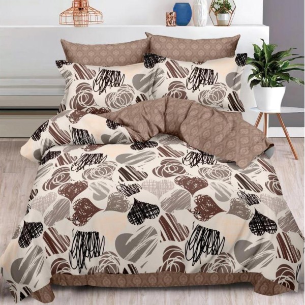 Lenjerie pat dublu (140x200cm, 160x200cm, 180x200cm),  FINET, 6 piese, Maro, inimioare [1]