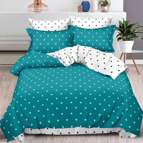 Lenjerie pat dublu (160x200cm, 180x200cm),  FINET, 6 piese, cu ELASTIC, Turquoise, buline [1]