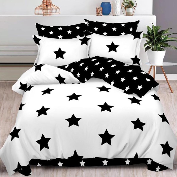 Lenjerie pat dublu (140x200cm, 160x200cm, 180x200cm),  FINET, 6 piese, Alb-Negru, stelute [1]