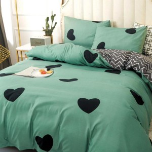 Lenjerie pat dublu (140x200cm, 160x200cm, 180x200cm), bumbac satinat, cearsaf clasic, 4 piese,  Verde, inimioare Lenjerie pat dublu (140x200cm, 160x200cm, 180x200cm), bumbac satinat, cearsaf clasic, 4 piese,  Verde, inimioare