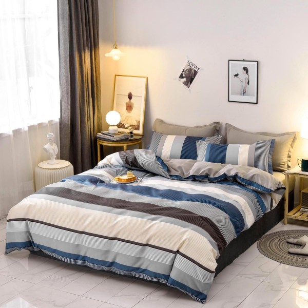 Lenjerie pat dublu (140x200cm, 160x200cm, 180x200cm), bumbac satinat, cearsaf clasic, 4 piese,  Albastru, dungi [1]
