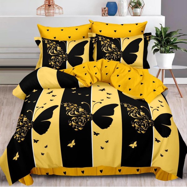 Lenjerie pat dublu (140x200cm, 160x200cm, 180x200cm),  FINET, 6 piese, Galben-Negru, fluturi [1]