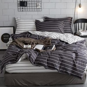 Lenjerie pat dublu (140x200cm, 160x200cm, 180x200cm), bumbac satinat, cearsaf clasic, 4 piese,  Gri, dungi Lenjerie pat dublu (140x200cm, 160x200cm, 180x200cm), bumbac satinat, cearsaf clasic, 4 piese,  Gri, dungi