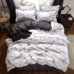 Lenjerie pat dublu (140x200cm, 160x200cm, 180x200cm), bumbac satinat, cearsaf clasic, 4 piese,  Gri, marmura Lenjerie pat dublu (140x200cm, 160x200cm, 180x200cm), bumbac satinat, cearsaf clasic, 4 piese,  Gri, marmura