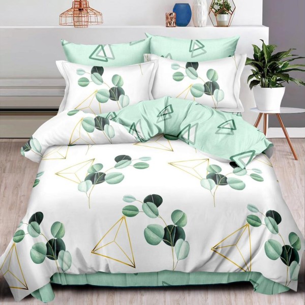 Lenjerie pat dublu (140x200cm, 160x200cm, 180x200cm),  FINET, 6 piese, Alb-Verde, frunze [1]